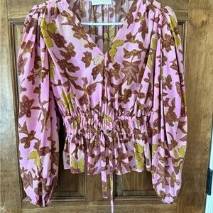 Ulla Johnson Pink Floral Smocked Waist Blouse